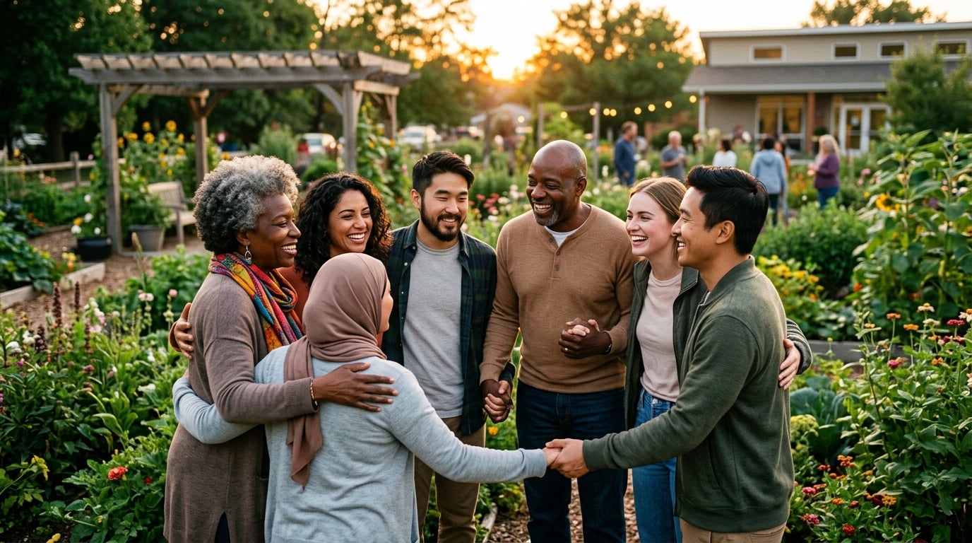 Diverse community of men and women standing together in solidarity, healing, and empowerment